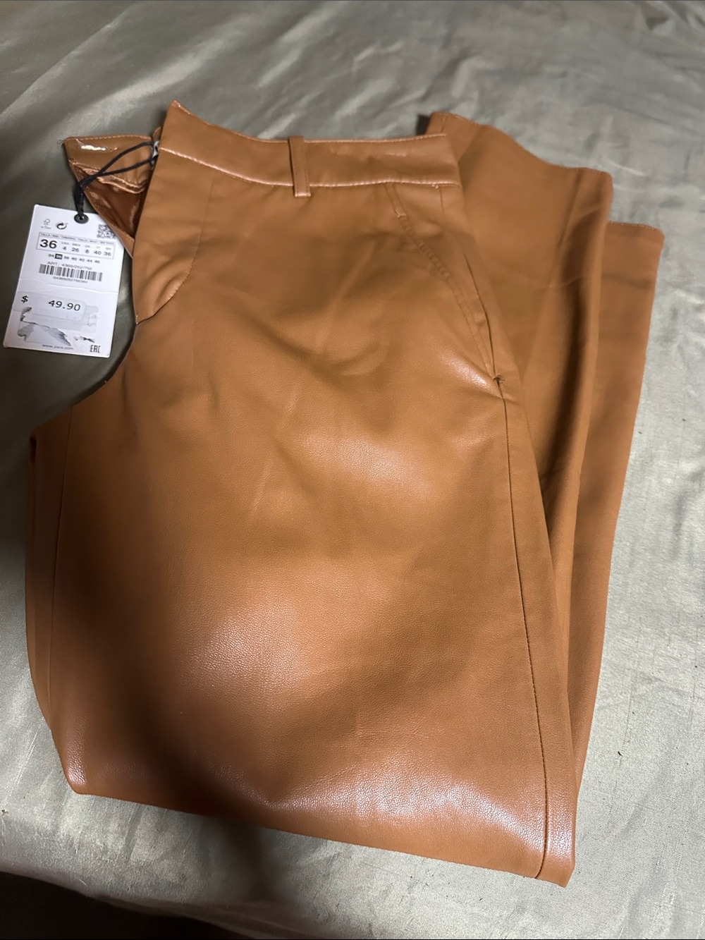 Zara Men's Faux Leather Chinos in Cognac Brown